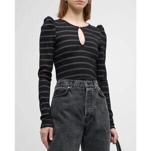 Veronica Beard Danessa Top Sparkly Stripe Long Sleeve Puff Shoulder Black SZ XS